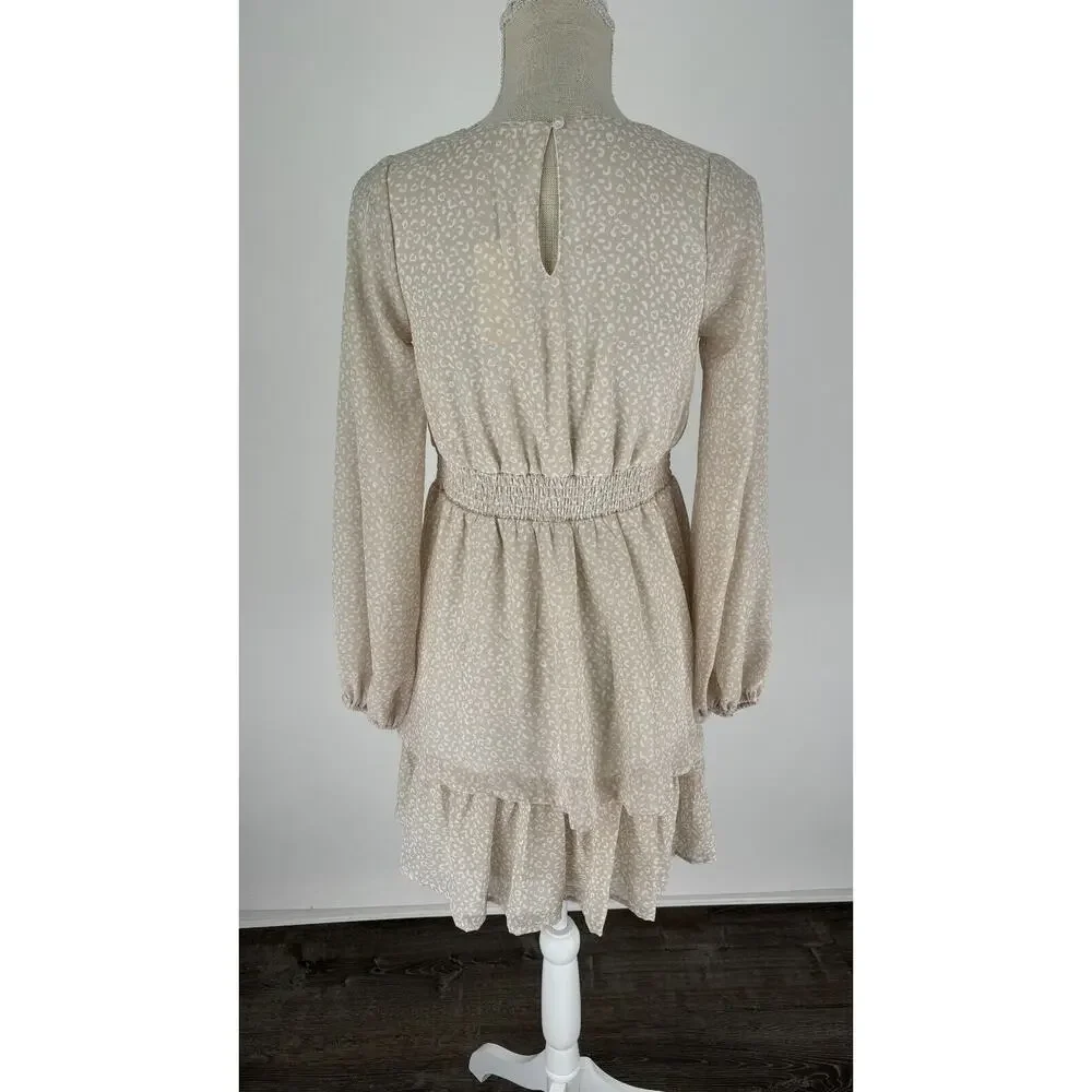 Japna Womens Animal Print Tiered Mini Dress Tie Waist Long Sleeve Size Small New